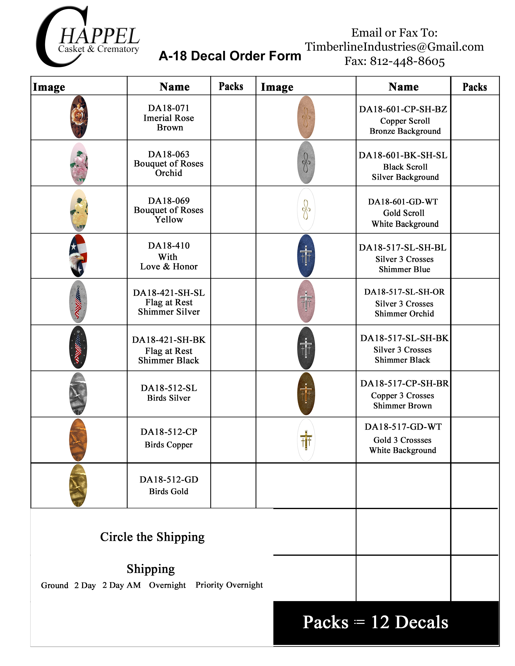 Chappel DA18 Decal Order Form